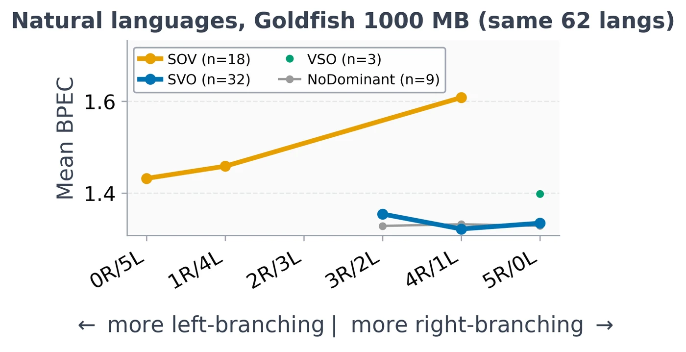 Same 62 languages with Goldfish models trained on 1000 MB. SVO languages sit around 1.33 bits per character, clearly below SOV languages at 1.43 to 1.61.